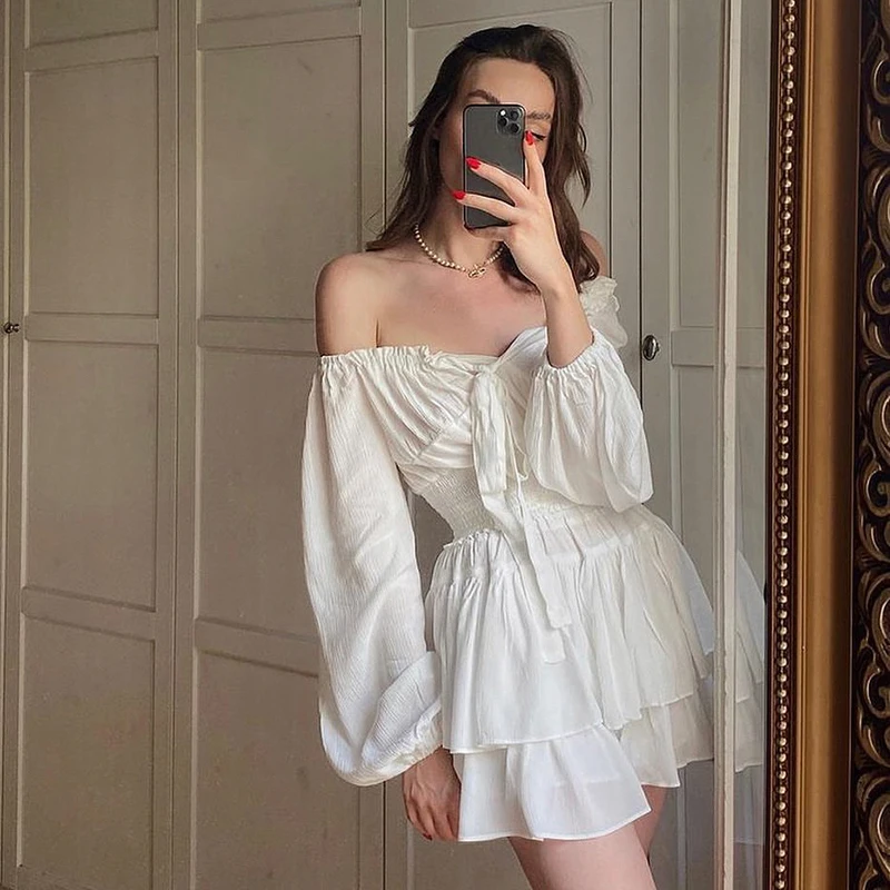 

IAMSURE Vintage Solid Pleated Dress French Sttyle Casual Slash Neck Puff Sleeve Mini Dresses For Women 2021 Elegant Fashion Lady