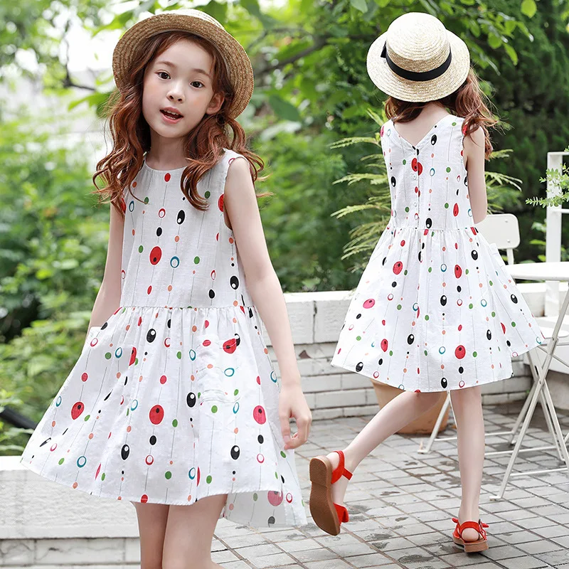 

2021 Summer New Pockets Teenager Girls Dress 100% Cotton White Fashion Clothes Little Girl Dresses Baby Kids Clothing 4-15 Years