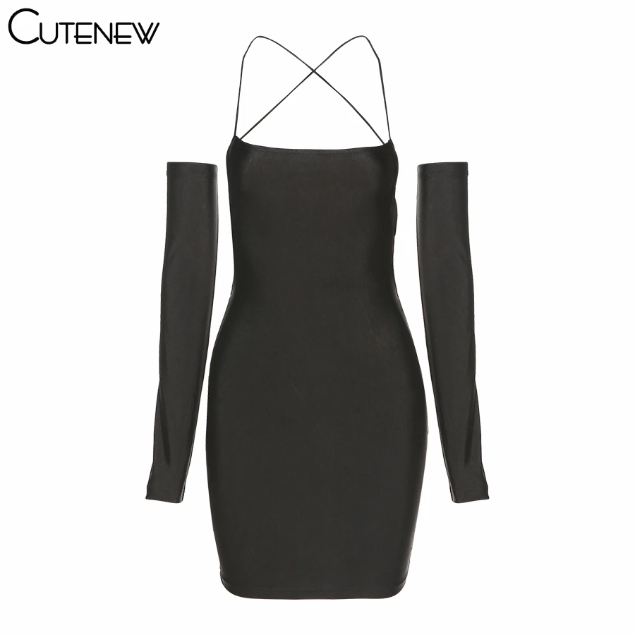 

Cutenew Solid Black Mini Dress Women 2021Summer Halter Bandage Backless Sleeve Bodycon Skirt Sexy Party Streetwear Female Outfit