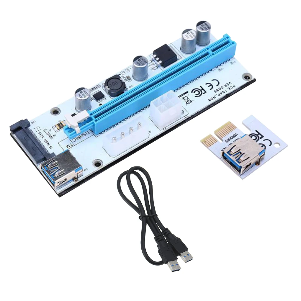 

New Riser Card 008s VER008S 3 in 1 Molex 4Pin SATA 6PIN PCIE PCI-E PCI Express Adapter 1X 16X USB3.0 Extender for