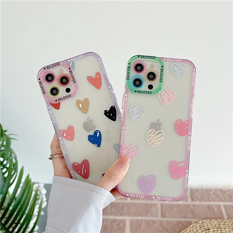 

Ins Cute Graffiti Love Heart Clear Phone Case For iPhone 13 12 11 Pro Max XS Max XR X 8 7 Plus Shockproof Soft Bumper Cover