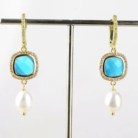 natural cultured white rice pearl cz bezel set blue crystal lever back dangle earrings for women