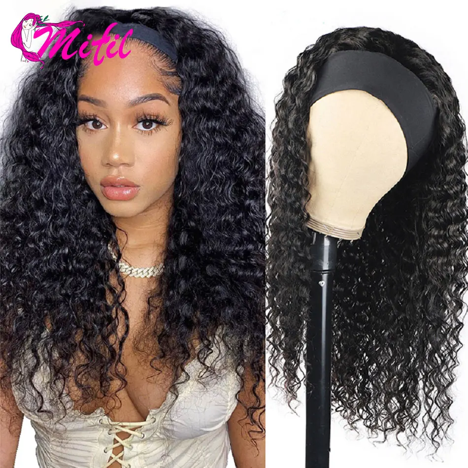

30Inch Brazilian Deep Wave Headband Wigs Remy Curly Human Hair Headband Wig Black Women Dyeable Glueless Headband Wig Free Scarf
