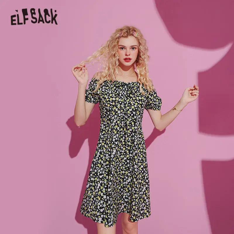 Женское винтажное платье ELFSACK желтое Повседневное с высокой талией и цветочным