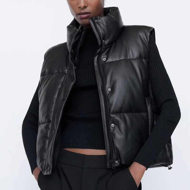 

Warm Vest Women Waistcoat Winter Zipper Leather Jacket Sleeveless Cotton Coat Female Stand Collar Waistcoat Short Chaleco Mujer