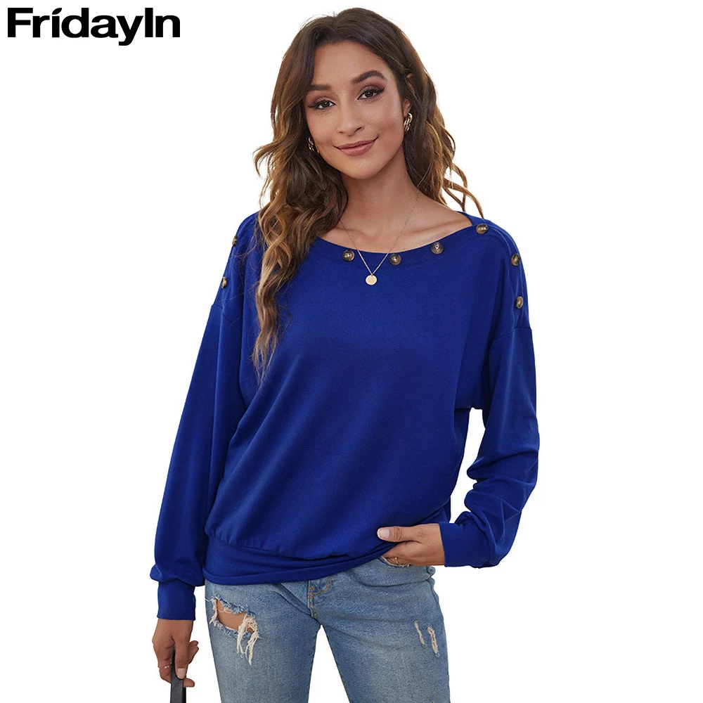 

Fridayin Loose Women Casual Lady Pullovers Long-Sleeved Thick Solid Shirt Casual Blouse Oversize Blue Shirt