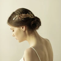 o840 brass leaves and flowers handmade pearl crystal bridal hair comb rhinestone wedding bridal hairpiece