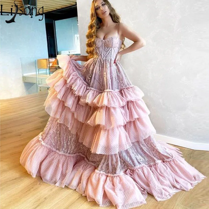 Розовый Элегантные многоуровневые кружевные вечерние платья с милым подолом, вечерние платья для выпускного вечера, розовое платье для помолвки на заказ, vestido de festa - Цвет: Розовый