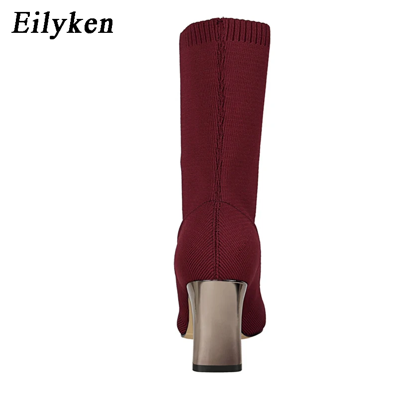 Eilyken/модные женские сапоги; Высокий каблук; сексуальный носок; вязаные сапоги; зимние сапоги на квадратном каблуке; женские сапоги с острым носком