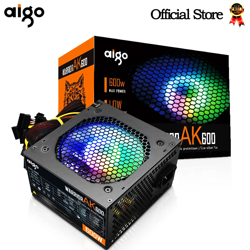 Блок питания Aigo AK для ПК, 600 Вт, черный тихий блок питания для игр, 120 мм, rgb вентилятор, 24 контакта, 12 В, ATX, блок питания для настольного компьютера, для BTC - изображение
