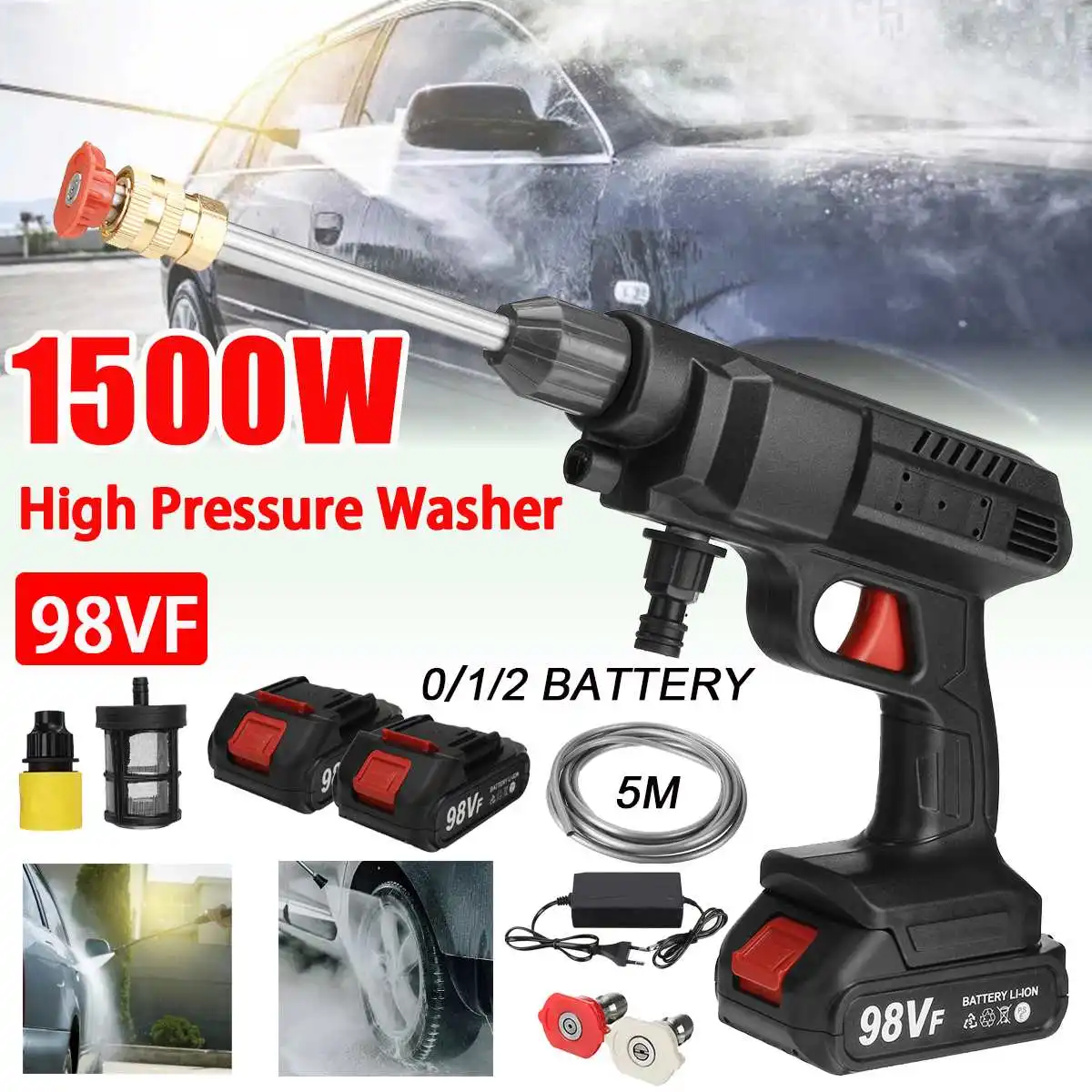 

1500W 50Bar Wireless High Pressure Car Wash Washer Gun 30000mah Foam Generator Water Gun Spray Cleaner With 2PCS 98VF Battery