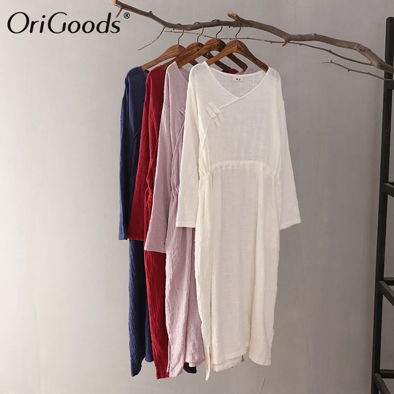 Женское длинное платье в китайском стиле OriGoods винтажное из хлопка и льна с v