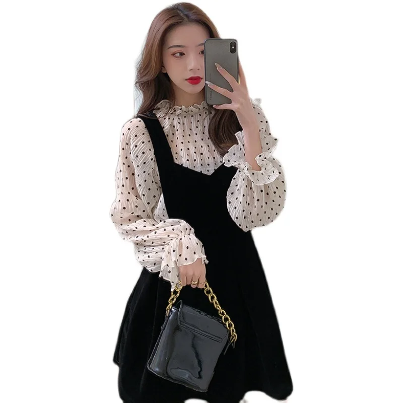 

COIGARSAM Women one-piece dress korean New Vintage Suspenders High Waist Dresses Wave Point Braces 603