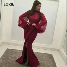 LORIE 2020 Vestidos de Noche de sirena Burdeos para mujer, de satén de encaje con abertura de cuello alto, manga larga, vestidos formales de fiesta de graduación de talla grande (2)