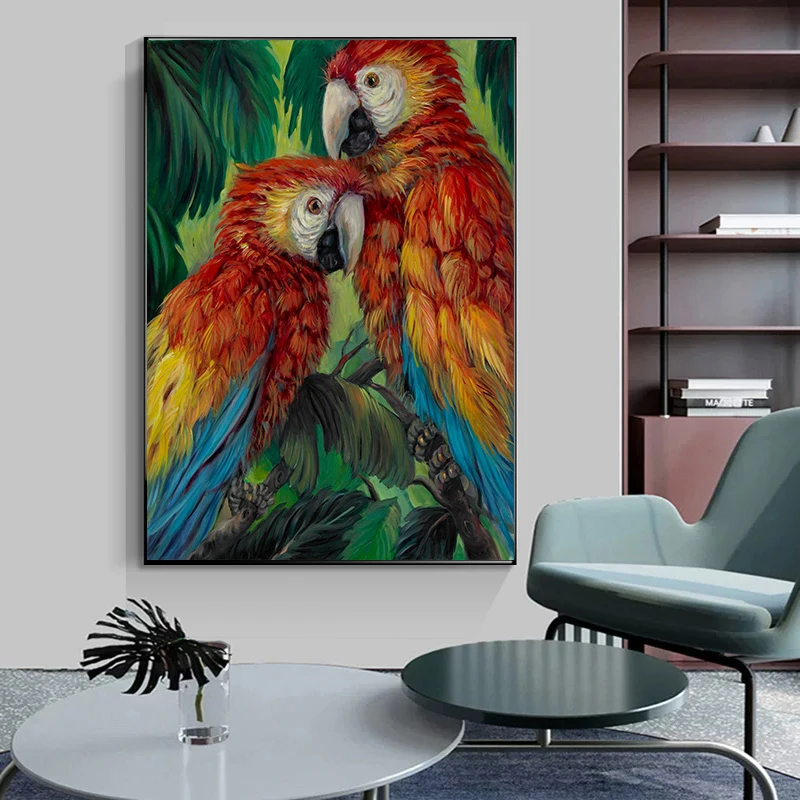 Современная Картина на холсте настенное искусство зеленый красный попугай