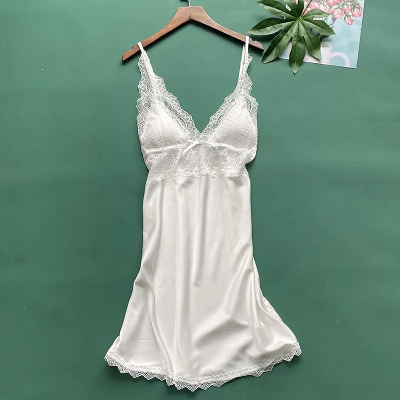 2021 New Nightgown Women's Summer Ice Silk Sling Sexy Nightdress with Bra Embroidered Lace Alluring Home Clothes Nightwear