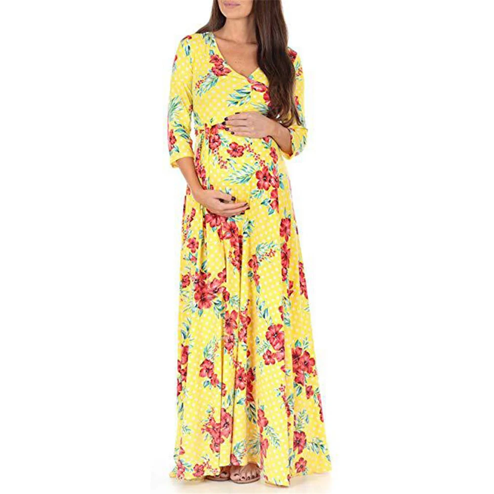 

Pregnant Women V-Neck Belt Waist Skirt Forma Dress Seven-Point Sleeve Floral Dress Mop The Floor Dress Long Skirt Lactation Wear