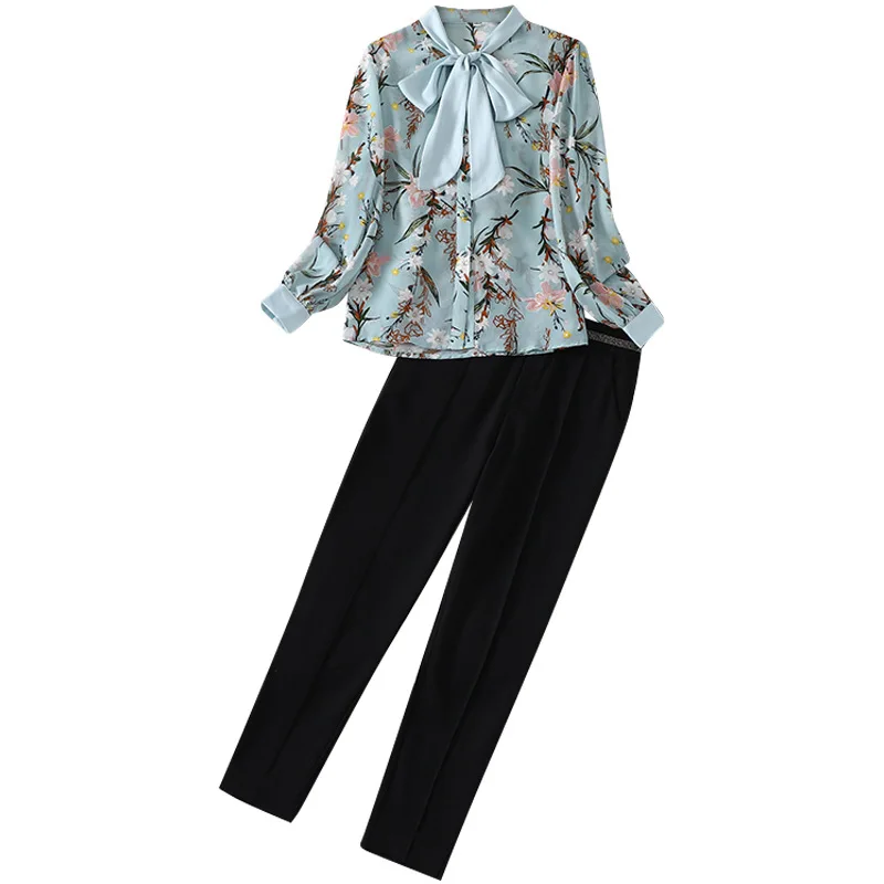 

Spring 2021 Women's New Long Sleeve Tie-Shoulder Floral Chiffon Shirt Slim Fit Slim-Fitting Ankle-Tied Cropped Pants Set