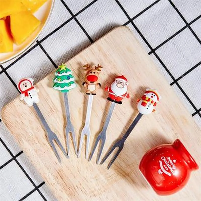 

5Pcs/Set Christmas Fruit Fork Vegetable Forks Cartoon Santa Claus Christmas Decorations for Home Noel Navidad 2021 New Year 2022