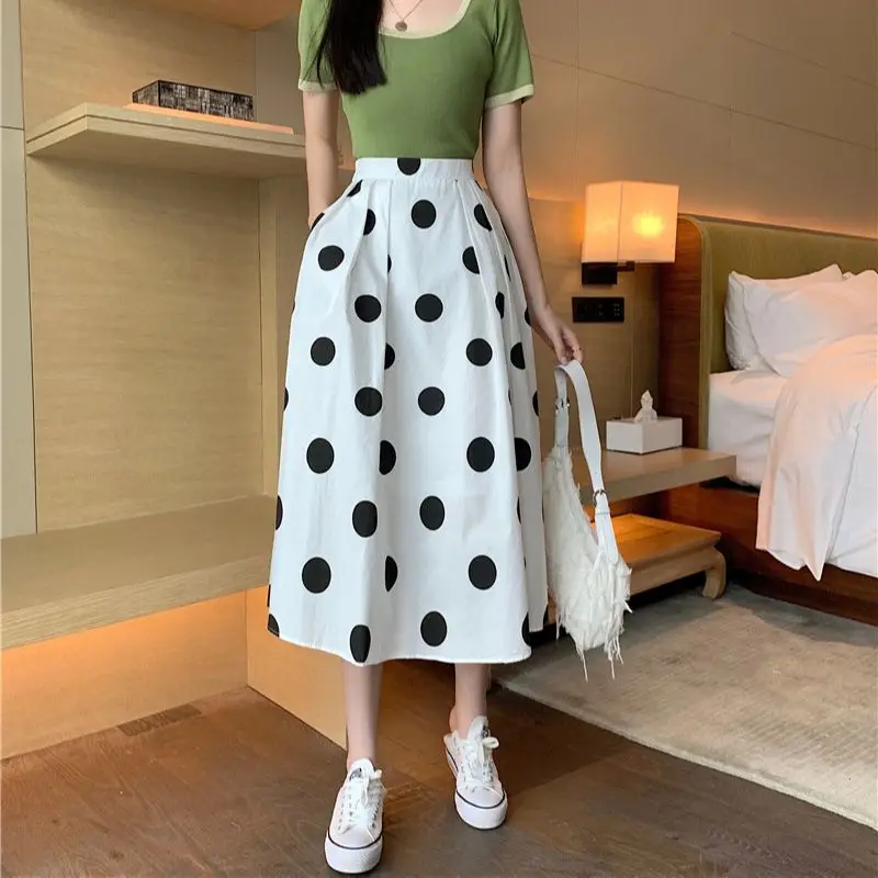 Осенние женские корейские элегантные юбки с высокой талией и принтом в горошек