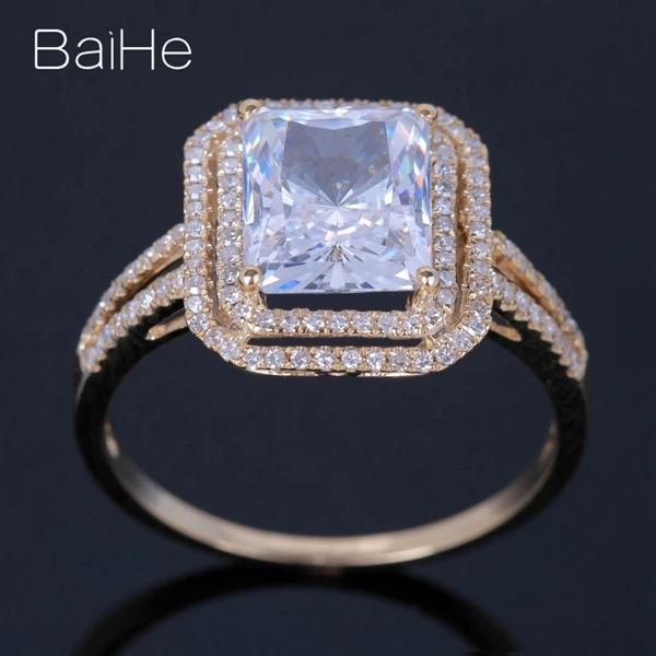 BAIHE Твердые 14 к желтое золото 5.9CT сертифицированные, подлинные AAA класс кубического циркония Подушка обручальное кольцо для женщин роскошный модный подарок кольцо