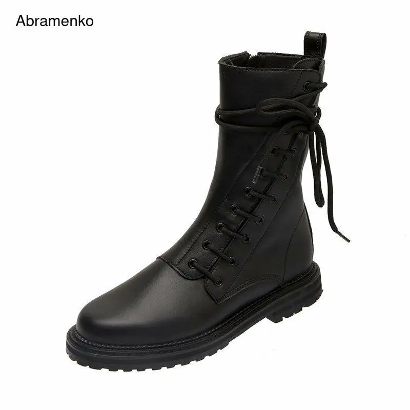

Women Lace Up Martin Boots Army Military Mid-Calf Punk Motorcycle Boots Round Toe Ladies Black PU Leather Boots Shoes Size 35-40