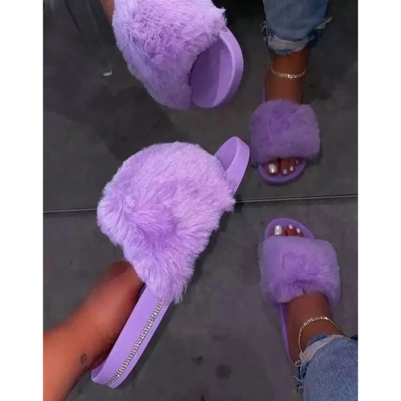 

Slippers Women Furry Sneakers Ladies Flat Shoes Female Fluffy Indoor Winter Warm Sandals Female Fur Flip Flops 36-43