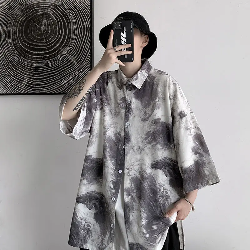 

2021 Summer Man's Shirts Loose Harajuku Tops Hip Hop Printed Shirts Korean Style Casual Shirts For Man