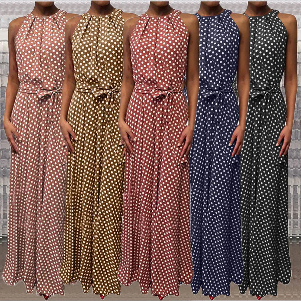 

59# Women Spaghetti Strap Sundress 2021 Fashion Summer Backless Dress Maxi Vestidos Female Casual Dot Printed Robe Plus Size