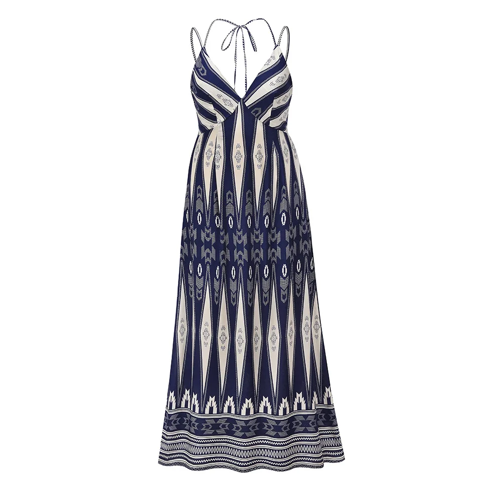 

Sexy V-Neck Suspender Retro Printed Backless Long Dress Swimsuit Cover Up Swimwear Women Halter Strap Maxi Dresses Beachwear