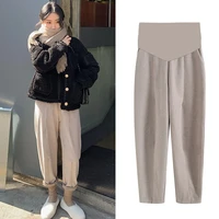 6006 autumn winter woolen maternity pants thick warm elastic waist belly pants clothes for pregnant women wide leg loose casual