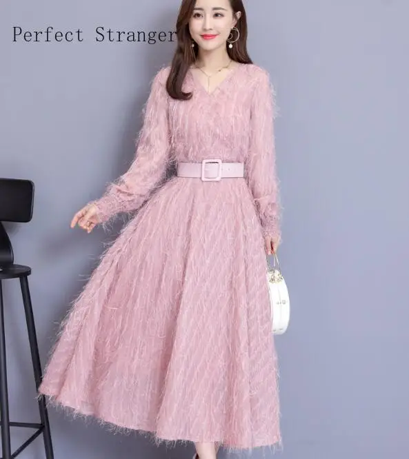 Женское шифоновое платье с поясом Элегантное Длинное Платье V-образным вырезом и