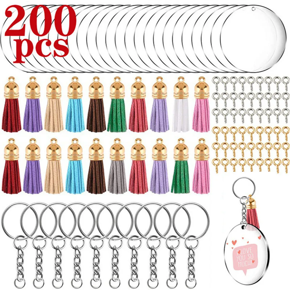 

Acrylic Clear Circle Discs Keychain Set Round Acrylic Keychain Blank Leather Tassel Pendant Key Ring Diy Kit Fathers Day Gifts