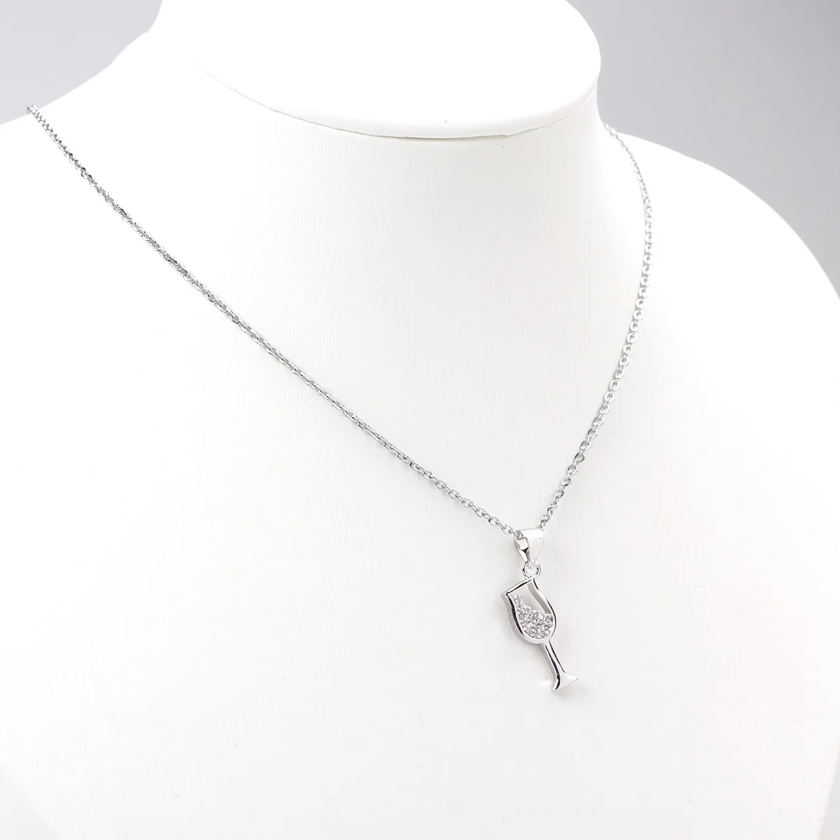 

1 Piece Fashion Stainless Steel & Copper Micro Pave Necklace Dull Silver Color Wine Glass Clear Cubic Zirconia 45cm long,