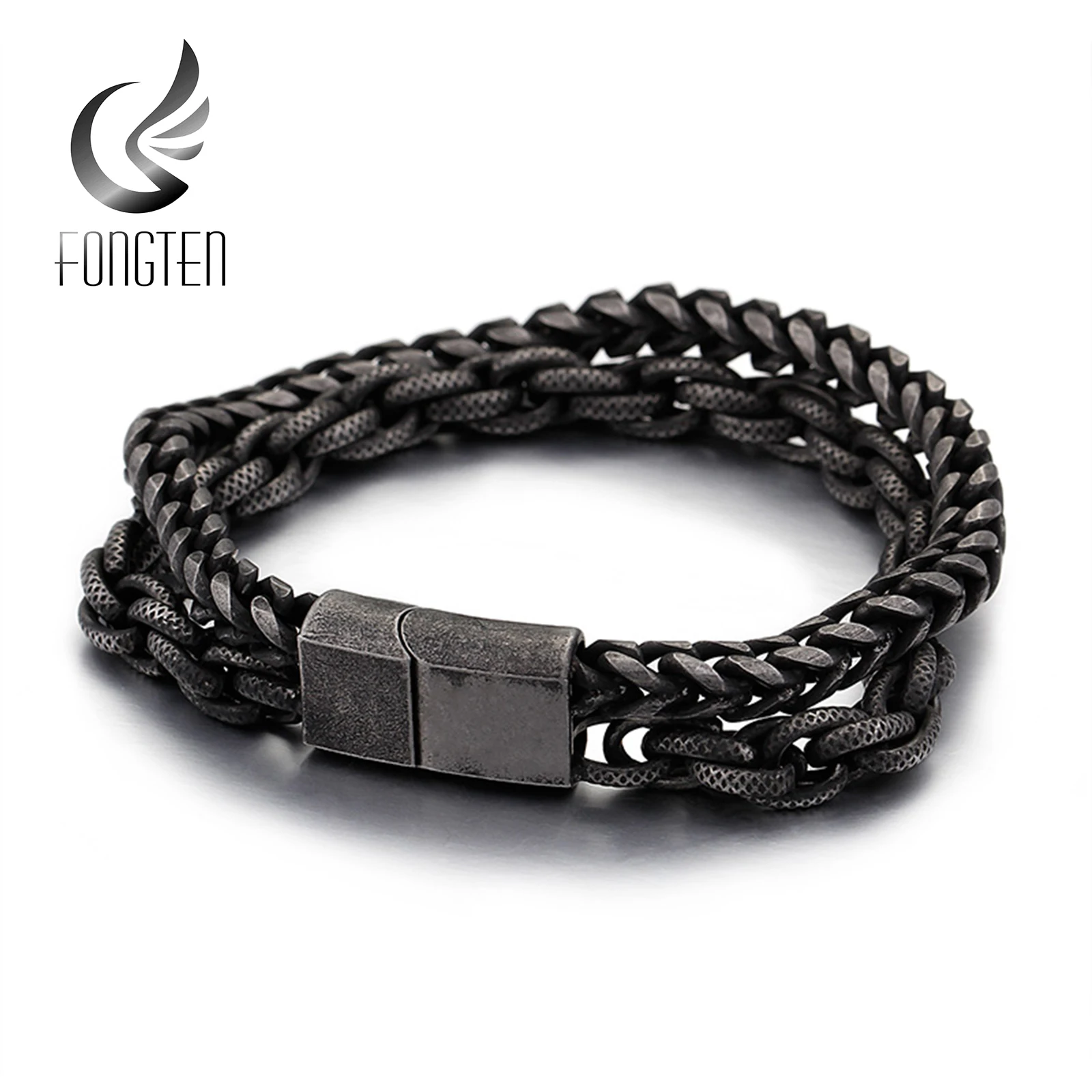 

Fongten Double Layer Vintage Charm Viking Bracelet Stainless Steel Black Large Wave Link Chain Men Bracelets Jewelry