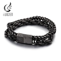 fongten double layer vintage charm viking bracelet stainless steel black large wave link chain men bracelets jewelry