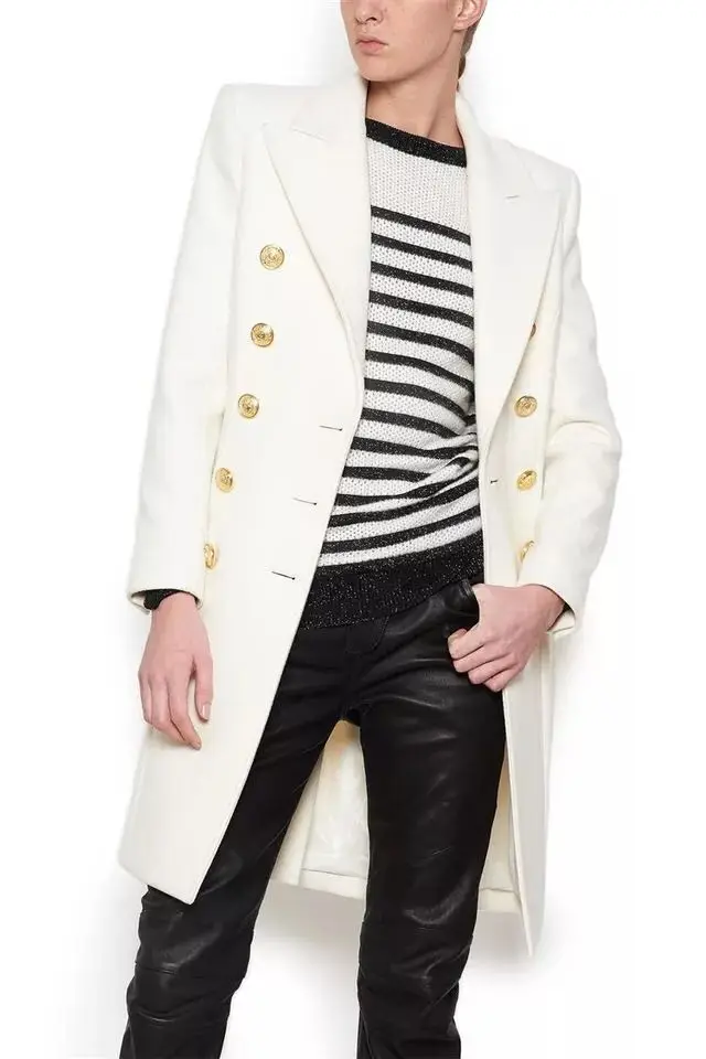 Зимнее шерстяное платье белого цвета длинное двубортное пальто с лацканами