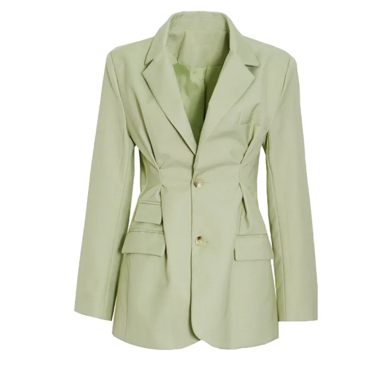 Women's one-piece suit jacket 2021 spring new fashion stitching fold pockets Slim green suit women