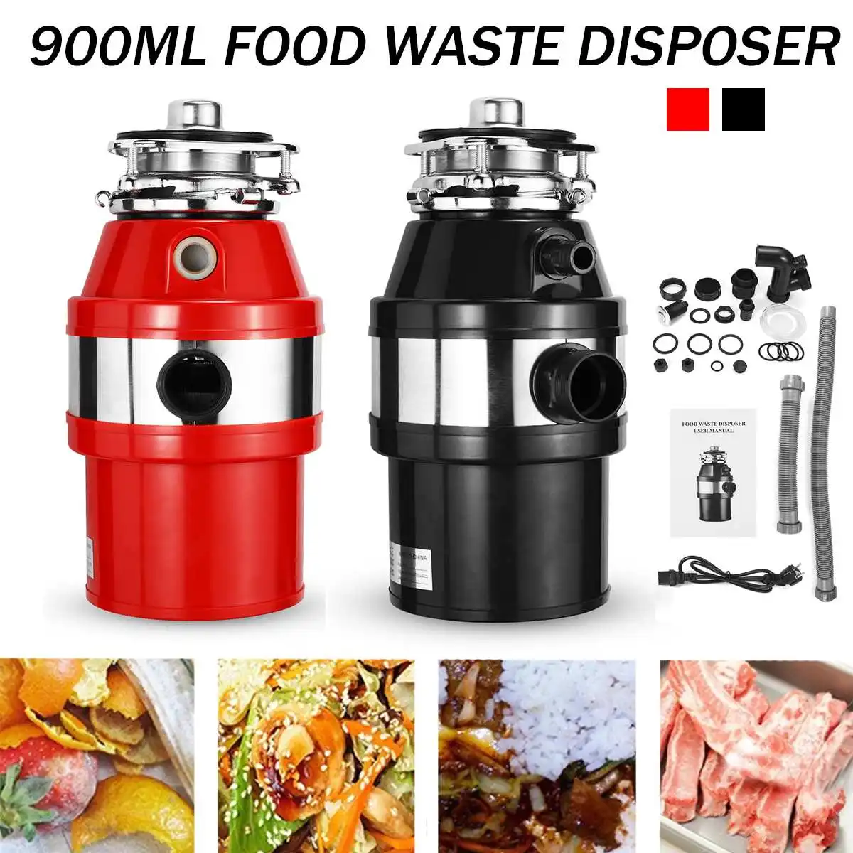 

900ML Kitchen Waste Disposer 2600r/Min Food Waste Disposers Kitchen Garbage Disposal Food Crusher with Stainless Steel Grinder