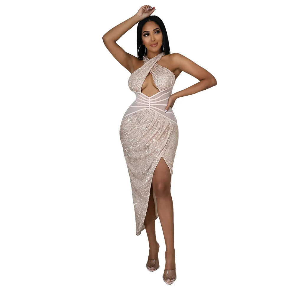 

Zoctuo Dresses For Women Dress Elegant Party Club Night Cross Halter Sequin Sexy Bodycon Hollow Out High Slit Clothing Vestidos