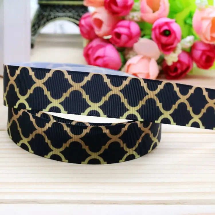 

DHK 7/8'' 5yards gold color Quatrefoil printed grosgrain ribbon headwear hairbow diy party decoration OEM Wholesale 22mm E981