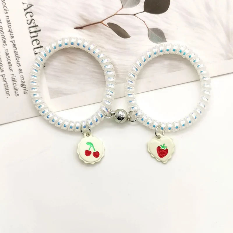 

QiLuxy 2Pcs/set Cartoon Heart Charm Elastic Chain Adjustable Magnet Attracts Each Other Couple Friendship Bracelets Jewelry Gift