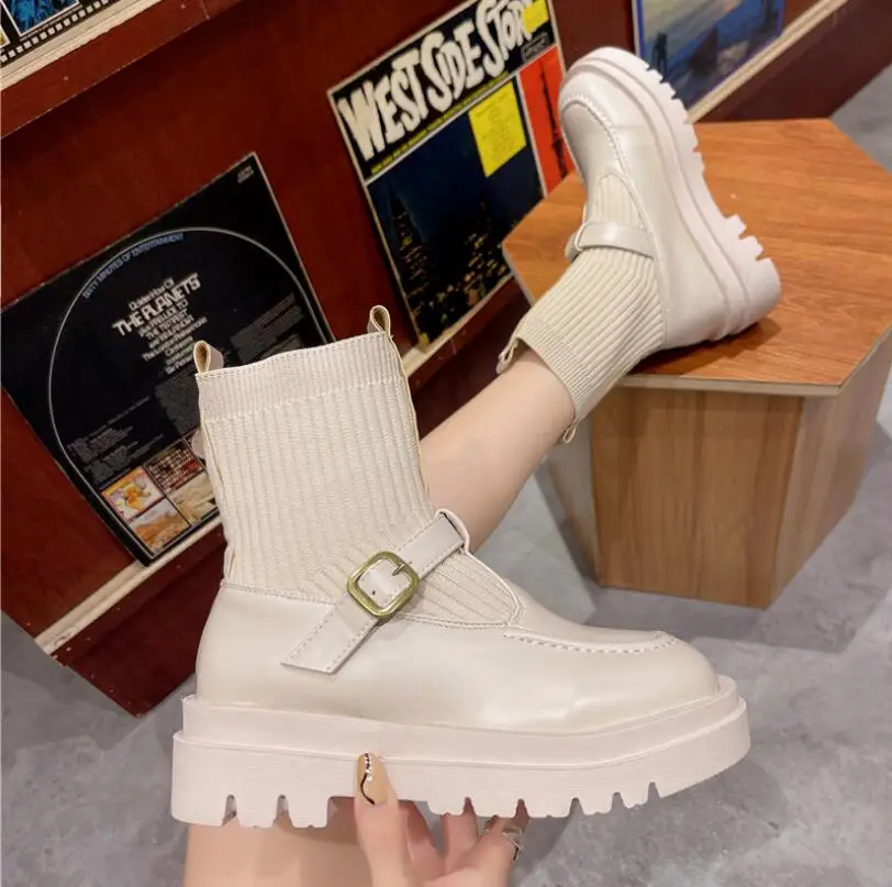 

Женские ботильоны из эластичной ткани, с пряжкой, удобные Свободные повседневные короткие ботинки на низком каблуке, нескользящая Осенняя ...