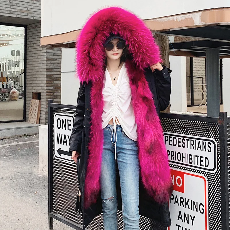 

Real Fur overCoats Winter parka jacket Women s long Waterproof racoon fox fur collar linner hooded thick Warm 2019 rose