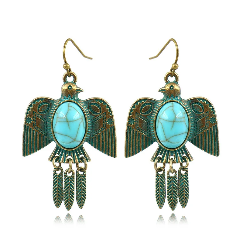 Boho Ethnic Turquoises Dangle Earrings Brincos Metal Green Antique Bronze Pigeon Shape Earring For Women images - 6