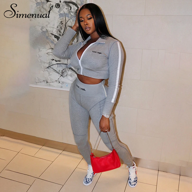 

Simenual Casual Vrouwen Loungewear Sets Sportkleding Lange Mouw Rits Crop Top En Broek Borduurwerk Brief Tweedelige Outfits