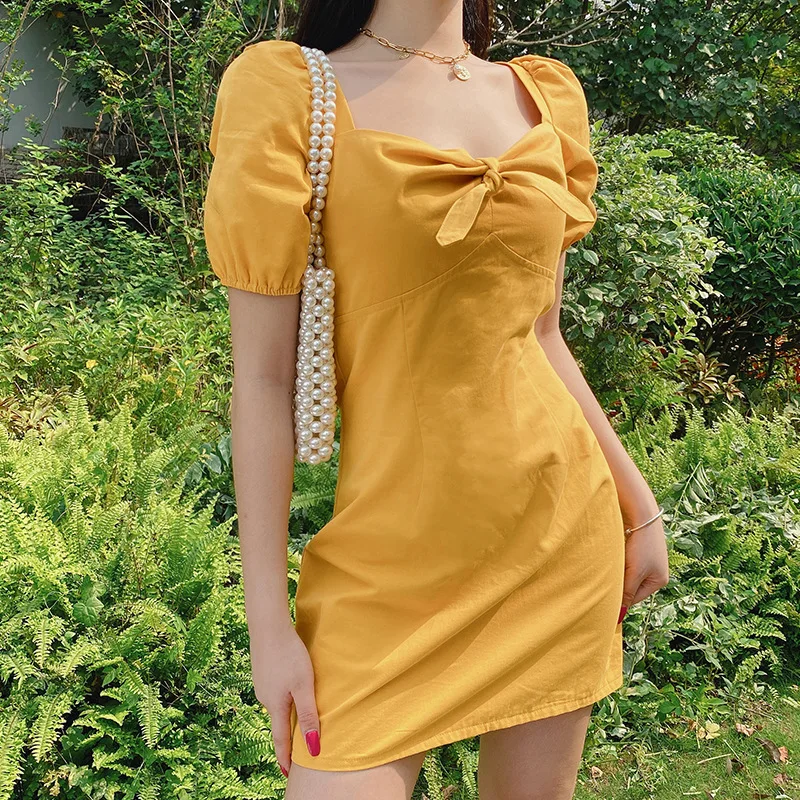 

Women Mini Dress 100% Cotton Puff Sleeve Adjustable Bow Sweet Franch Korean Casual Summer For Women Square Collar Teenage Girls