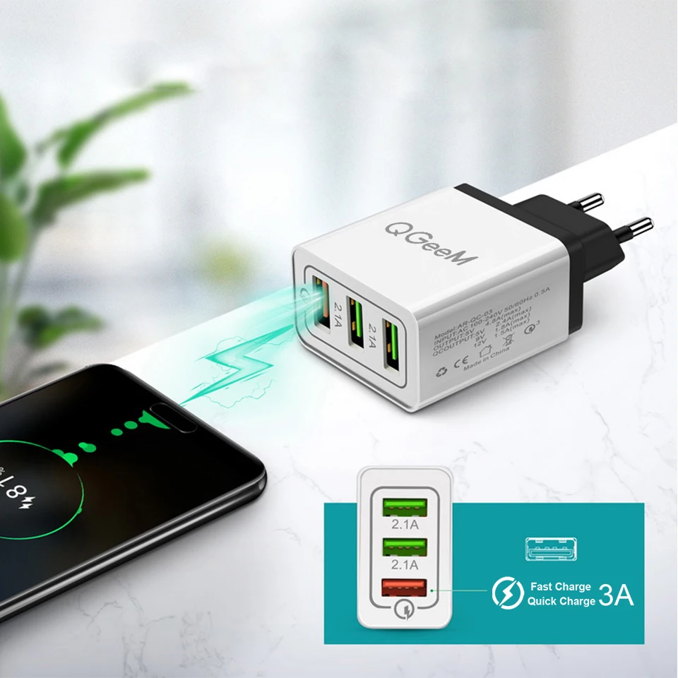 QGEEM 3 USB зарядное устройство Быстрая зарядка 3,0 быстрое USB настенное зарядное устройство портативное мобильное зарядное устройство QC 3,0 адаптер для Xiaomi iPhone X EU US Plug