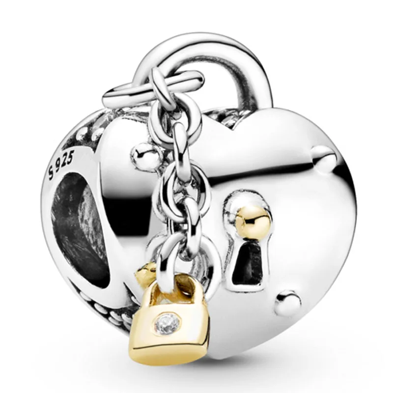 

Original 925 Sterling Silver Charm Two-tone Heart & Lock Key Bead Fit Pandora Bracelet DIY Jewelry