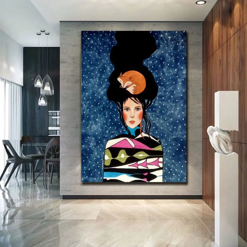 

Beautiful Women Painting on Canvas Fox Animal Watercolors Art Posters And Prints Wall Picture For Room Cuadros Home Decoration